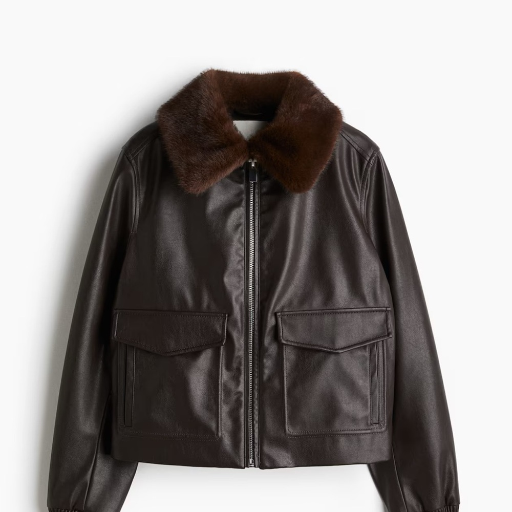 H&M Bomber Faux Leather Jacket with Fur Collar